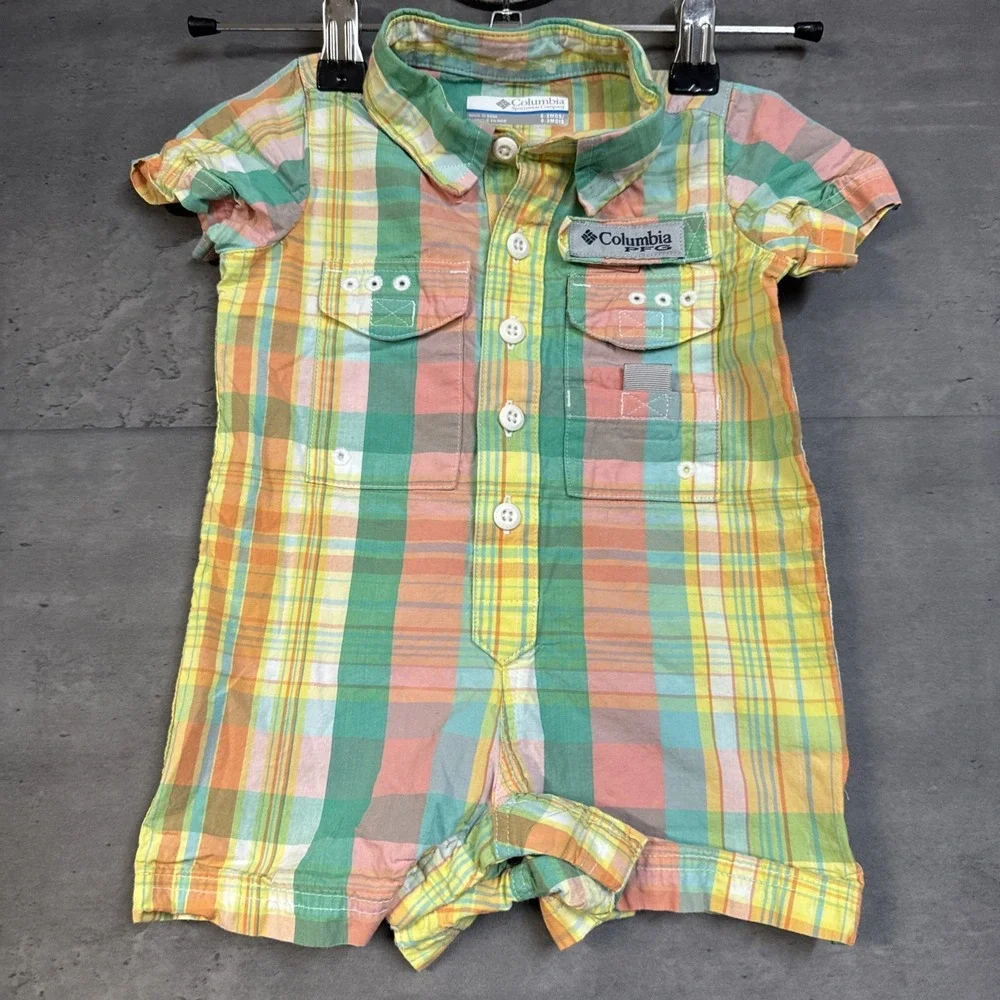 Columbia Infant PFG Bonehead Romper Pastel Plaid Pattern Collar Pockets 0-3m